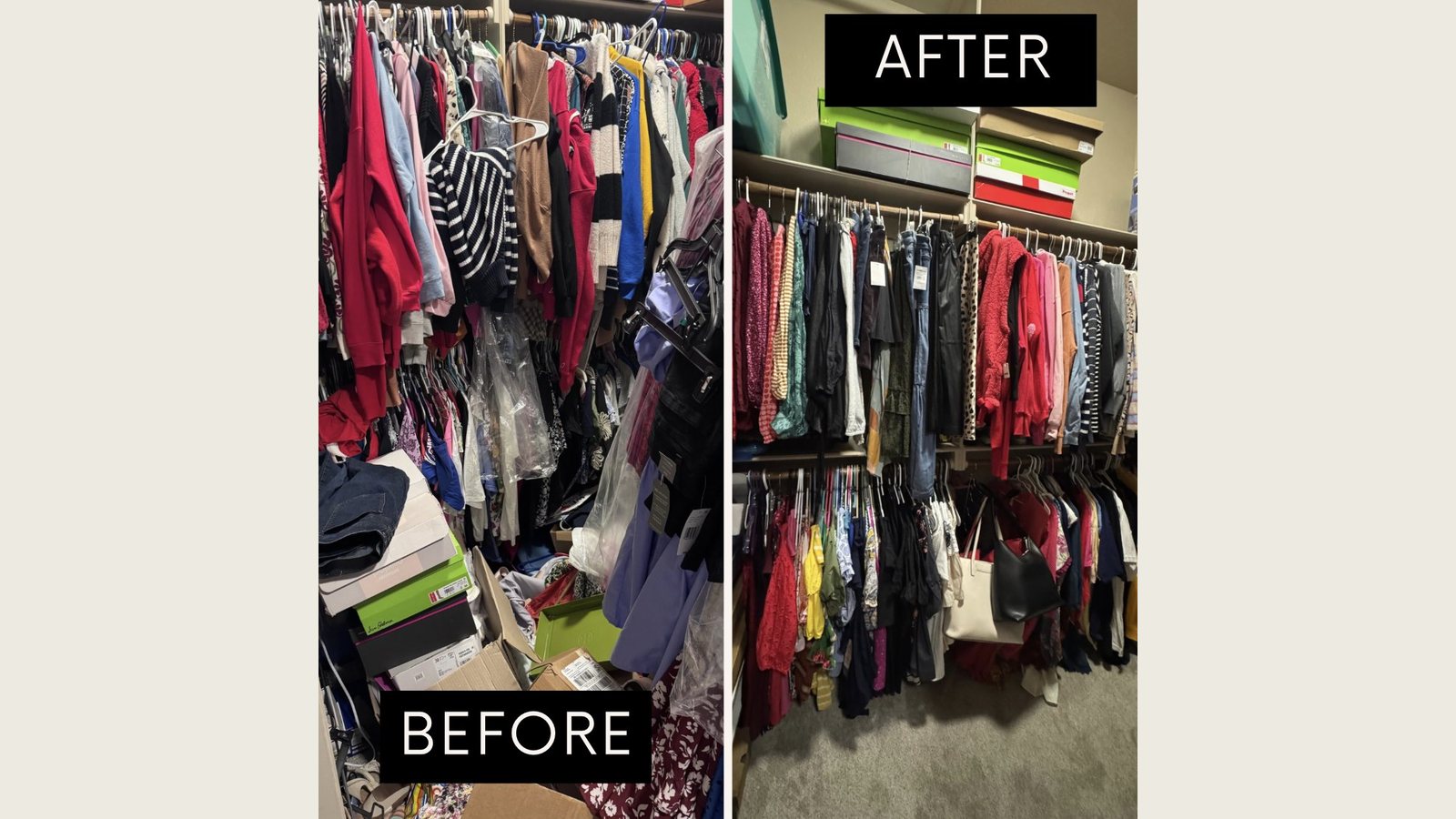 Walk-in closet before and after professional closet organization